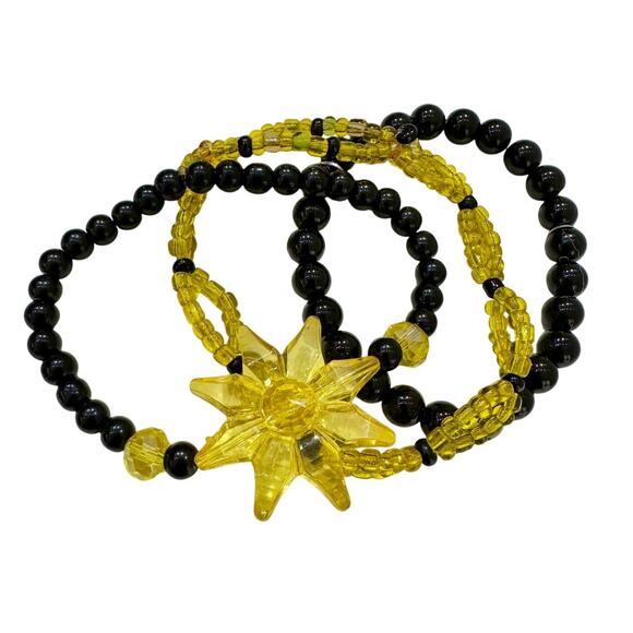 Three Black and Yellow Beaded Bracelets Sunflower - Picture 1 of 5